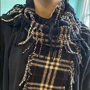 Burberry Black / purple/ white scarf with fringe.
